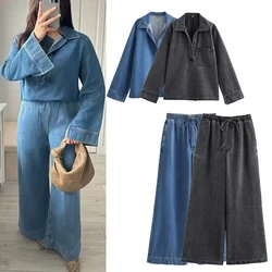 TRAF Denim Pants Sets For Women 2 Piece Trousers Set 2024 Summer Autumn Long Sleeve Top Baggy Pants Ladies Fashion Elegant Suit