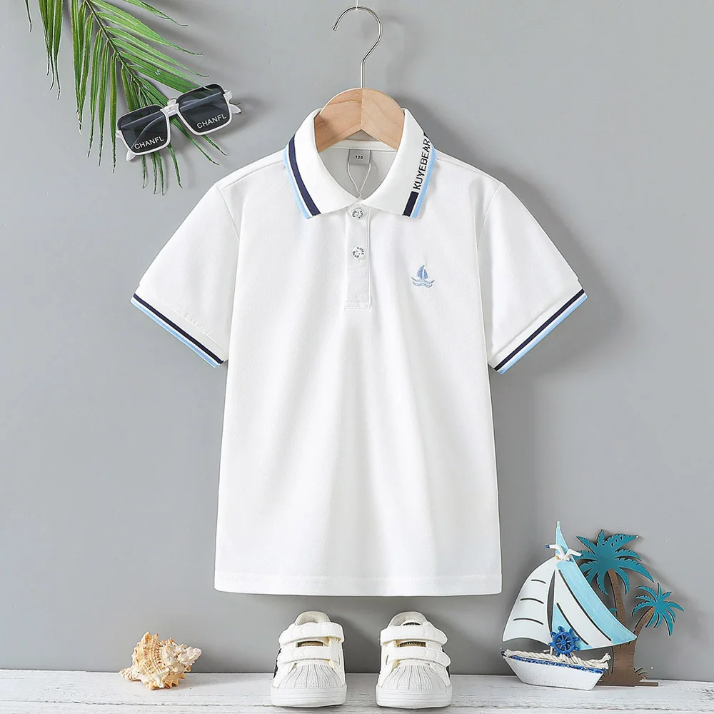Jungen-Poloshirt 5-12 Jahre Sommer Segelboot-Stickerei Kurzarm-T-Shirt Kinder Gestreiftes Revers Atmungsaktives Lässiges Schul-T-Shirt – Detail 2