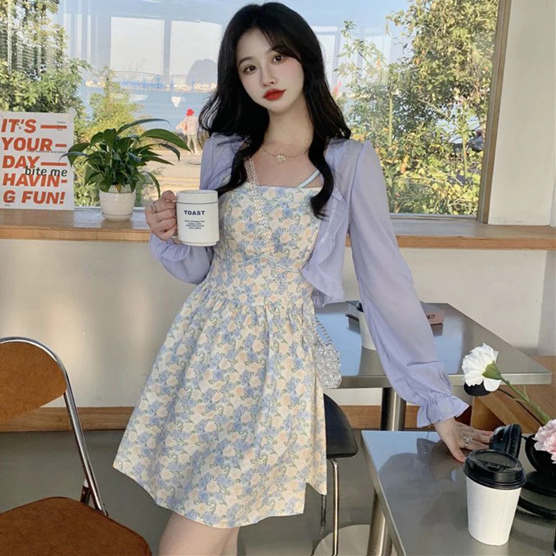 Hot Summer Gentle 2PCS Sexy Spaghetti Strap Mini Dress for Women Korean Slim Fit and Slimming Temperament Fairycore A-line Dress