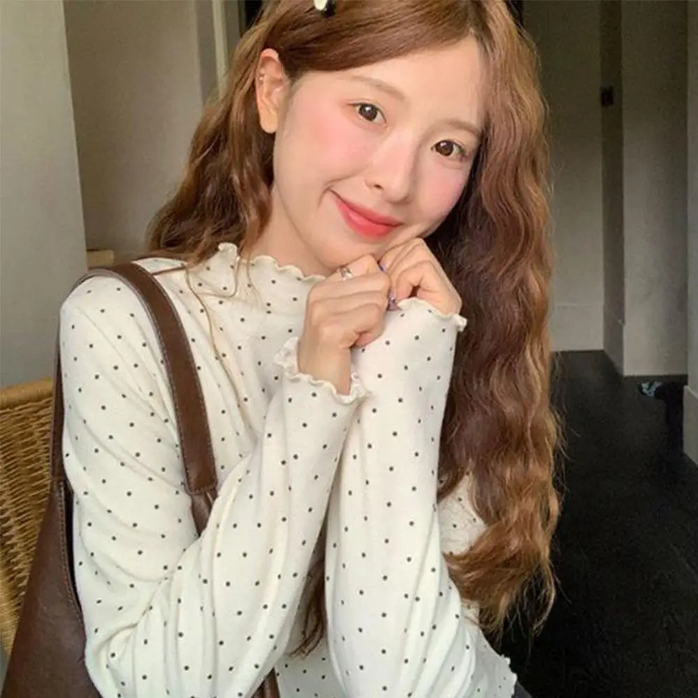 New Half High Collar Polka Dot Top Slight Stretch Polyester Blend Long Sleeve Top Slim Fit Women's Pullover Top Autumn