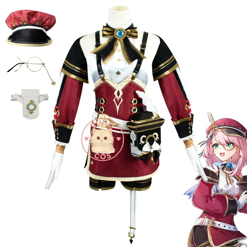 

Genshin Impact Costume Game Anime Charlotte Red Outfits Full Set for Female Cosplay Halloween Costume