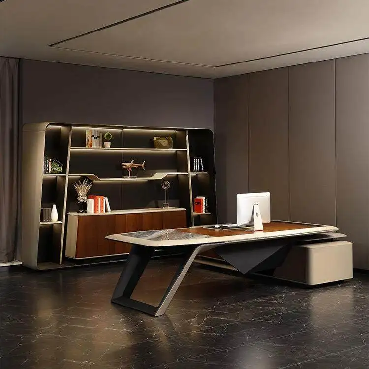 Italian Luxury Modern Modular Boss's Office Desk High-end Saddle Leather CEO's Desk Chairman's Office Technological Bookshelf