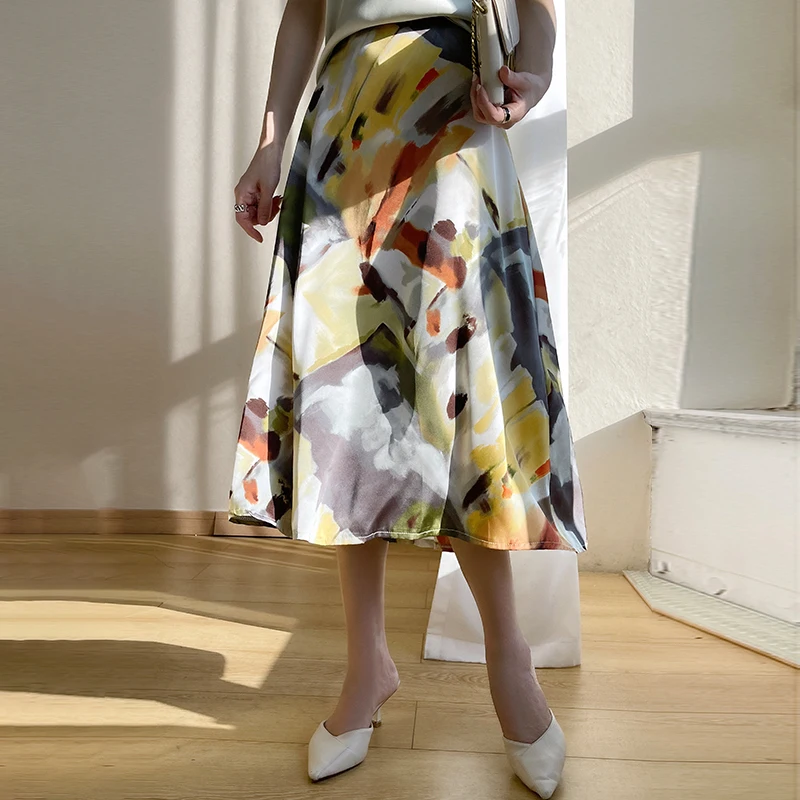 

Silk Satin High Waist Loose Over-Knee Fi Tail f-length Skirt Women's Commute Pattern Long Skirt High Waist Spring Summer