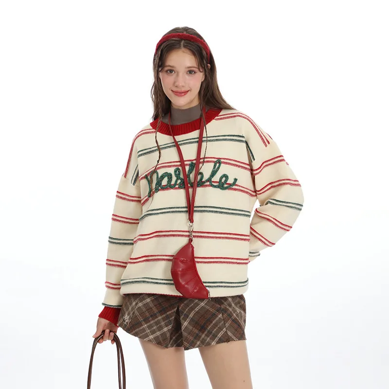 

2025 New Arrival Christmas Striped Knitted Sweater for Fall Winter Loose Fit Letter Embroidery Retro Academic Red Green Top