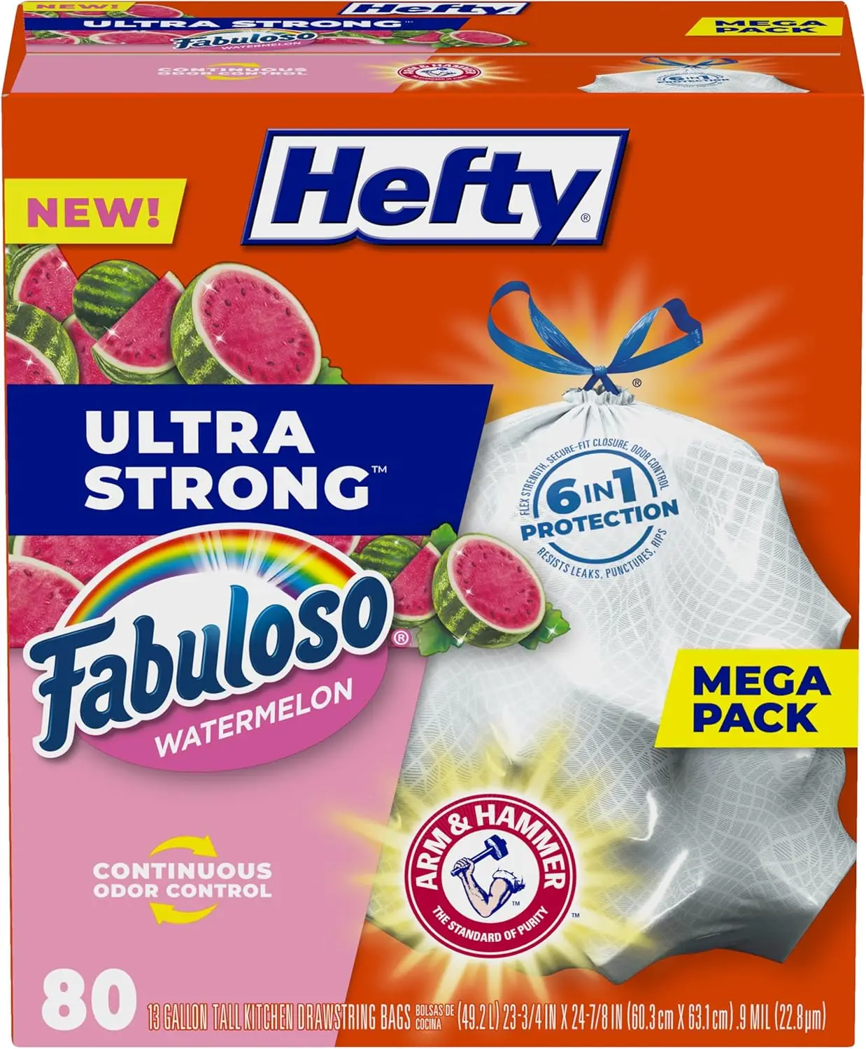 

Ultra Strong 13 Gallon Trash Bags, Leak & Puncture Resistant, Odor Control with Watermelon Scent, 80 Count