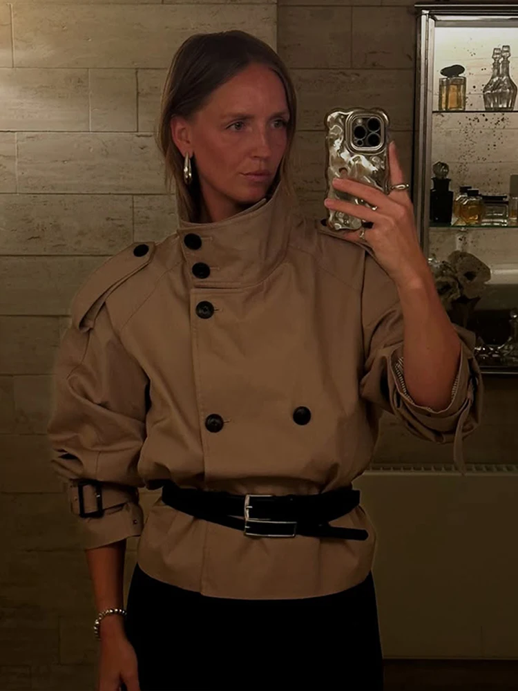 Trench da donna vintage con lacci Manica lunga Doppiopetto Colletto alla coreana Giacca corta 2025 Autunno Lady Commute Outwear