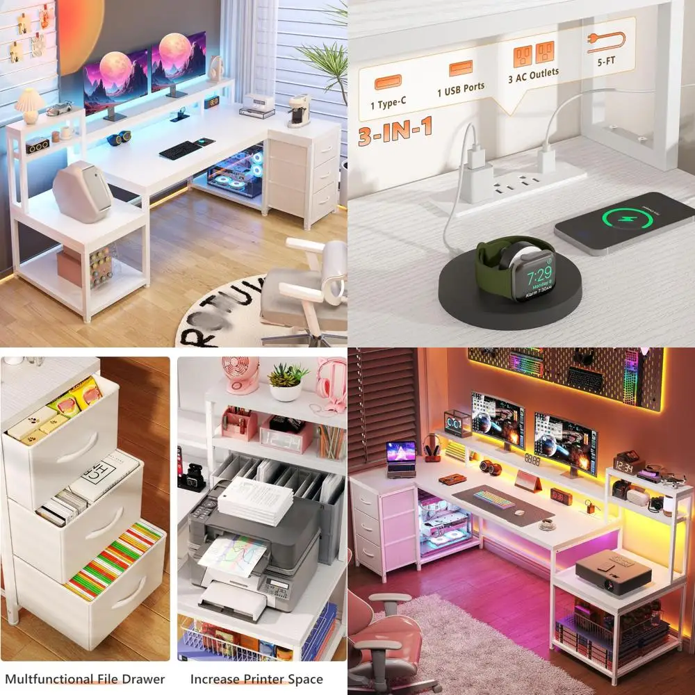 LED-Illuminated 71 L-Shaped Gaming Desk with Storage, White Computer Desk, Drawers, Printer Shelf, Power Outlet, Reversible Keyb