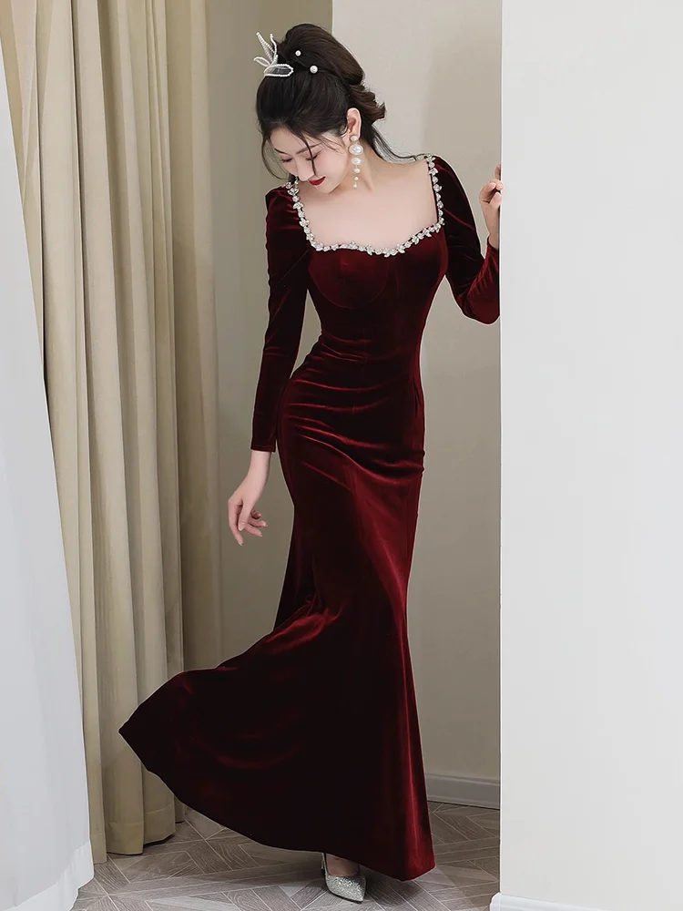 

Ele Long Sve Velvet Fi Tail Evening Dr Wedding Celebration Gown Premium Wine Red Bridal Drinking Costume Suitable...