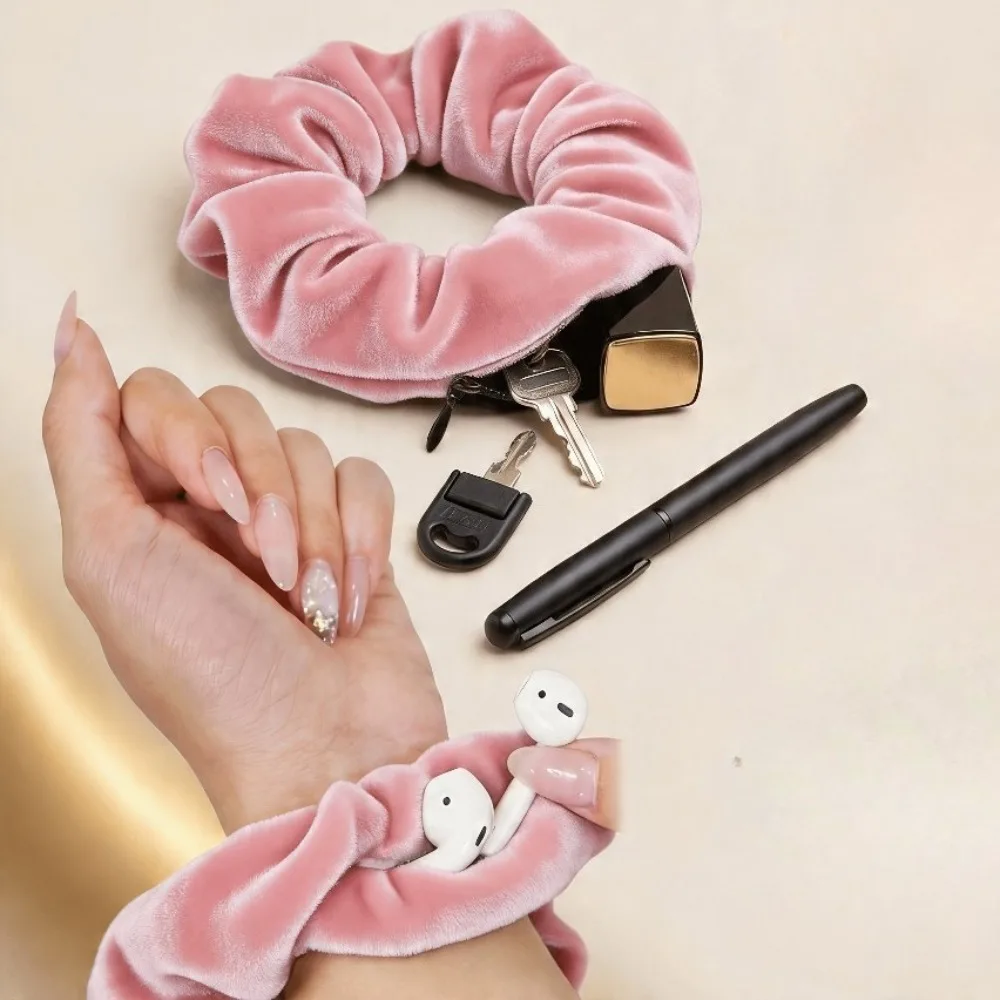 Velvet Zipper Pocket Hair Scrunchie Hidden Storage Elastic Hair Band for Keys Cash Women Gym Sport Hair Accessories Braiders