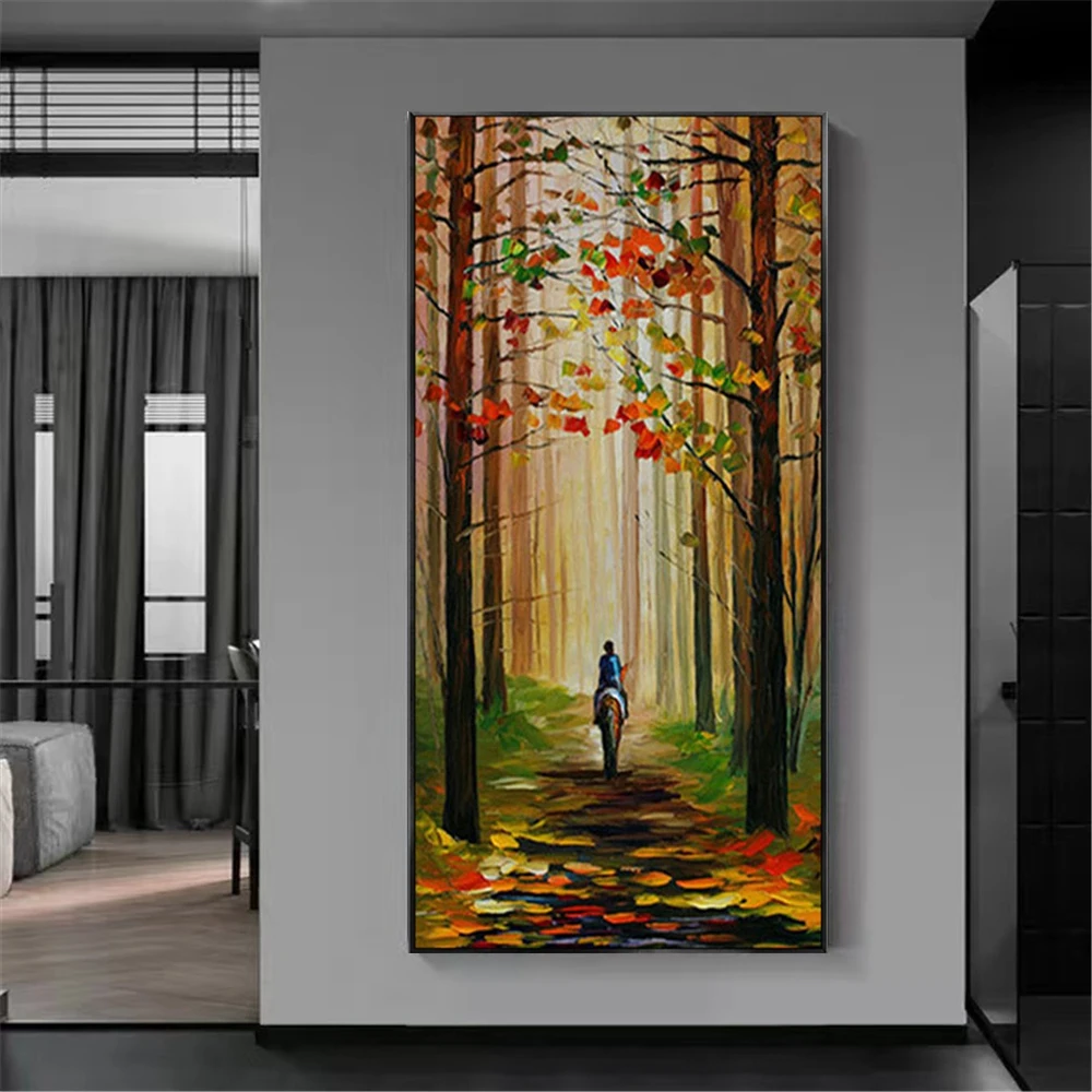 

Big Size Paintings Decor Living Room Handmade Forest Road Rider Landscape Oil Painting On Canvas Panel For Indoor Tree Wall Art