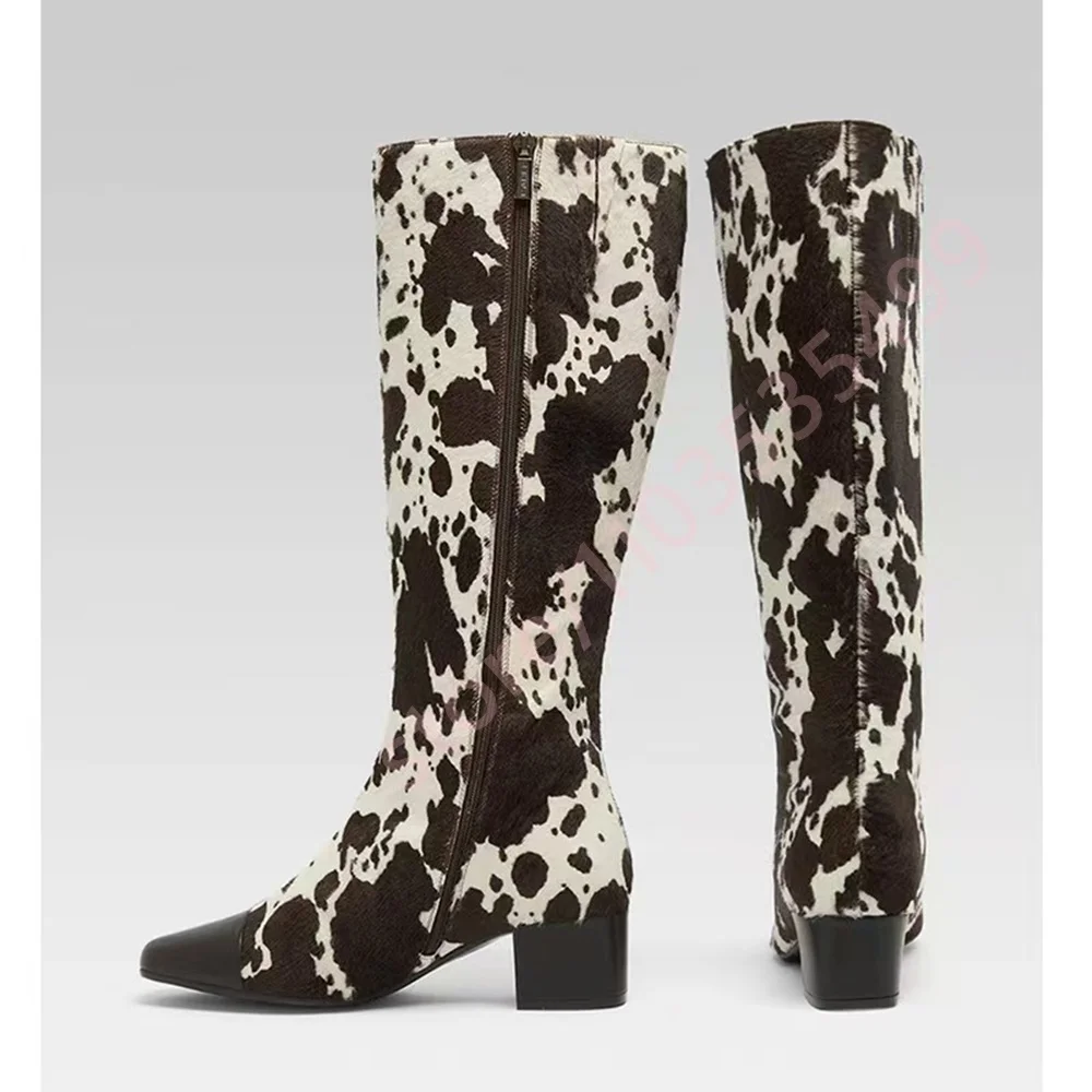 خريف جديد مختلط اللون البقرة طباعة الأحذية الغربية 2025 أشار تو مثير صندل بكعب مكتنز ركوب التمهيد الشارع نمط سستة أحذية طويلة