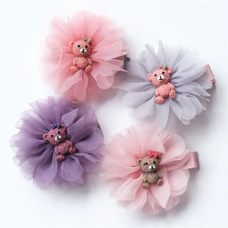 12pcs Tutu Floral Bear Hairpins Tulle Flower Animal Hair Clips Fashion Headwear Boutique Hair Accessories for Girls