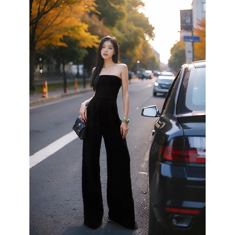 

Модный модный высокий людей не падает, черный цельный комбинезон без бретелек, женские летние прямые широкие повседневные брюки