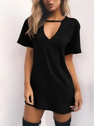 Sexy vestido elegante envoltório profundo decote em v corte solto vestido feminino cor sólida manga curta mini vestido clube festa vestidos