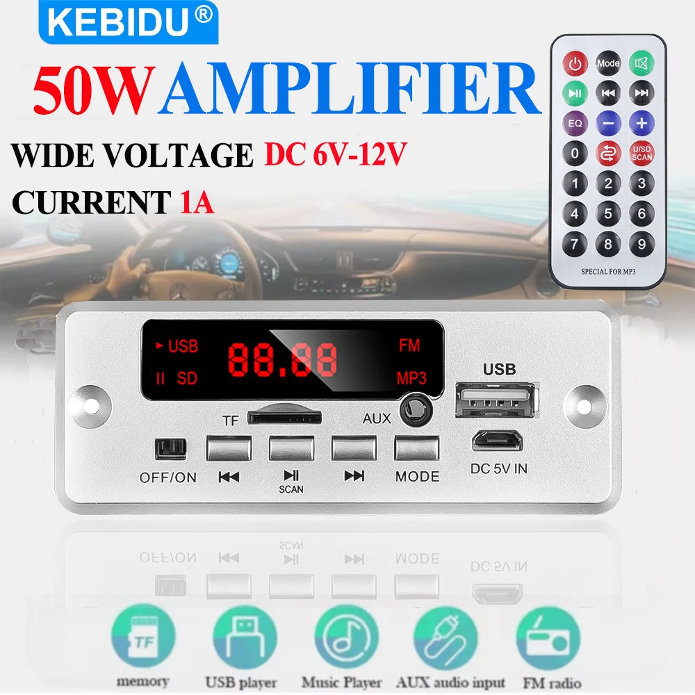 KEBIDU Amplificador de 50W con Bluetooth, Decodificador MP3 WMA, Módulo de Audio para Coche, Reproductor MP3, USB, TF, Radio FM, Llamadas Manos Libres para Altavoz