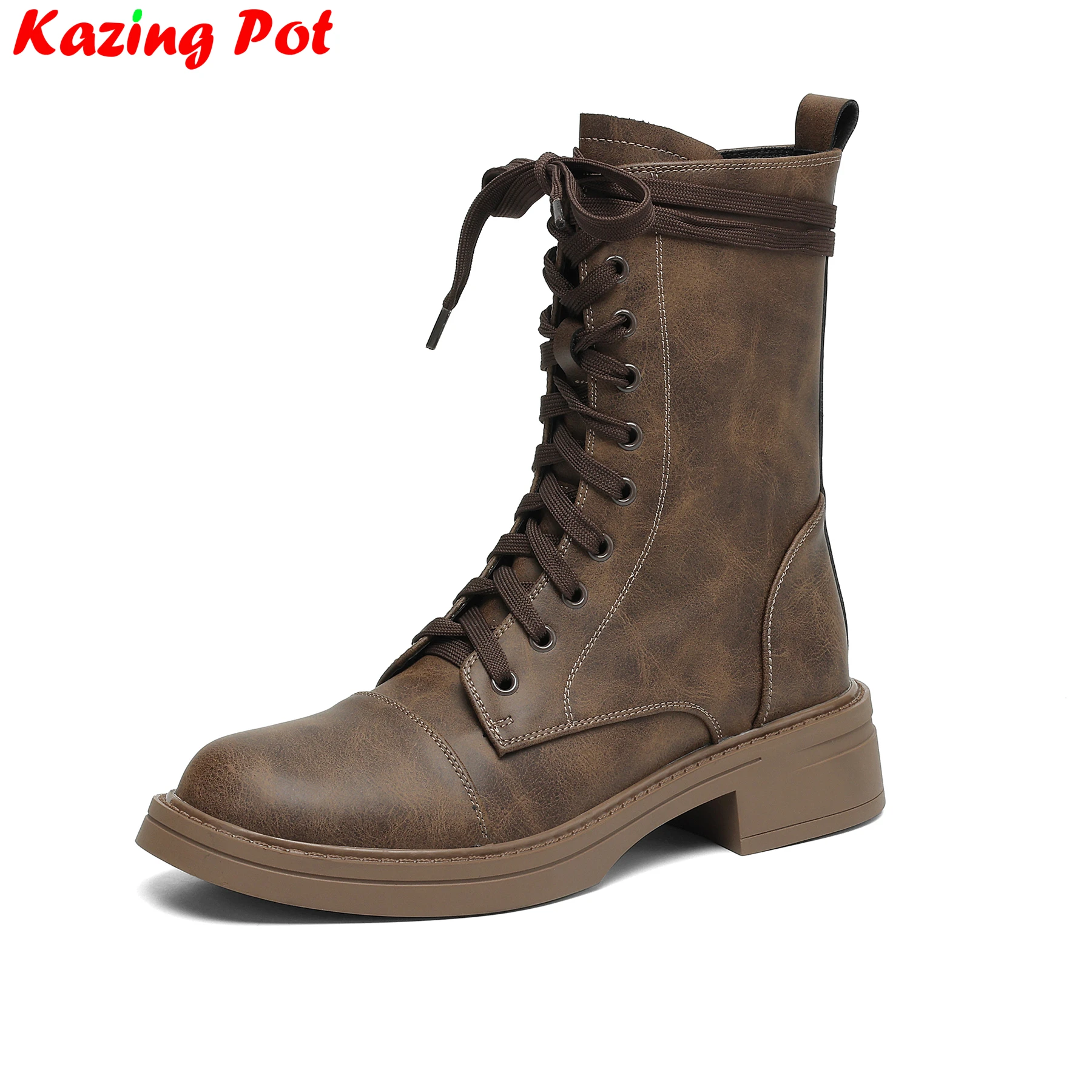 

Plus Size 34-42 Cow Split Leather Med Heels Modern Western Boots Warm Winter Autumn Shoes Retro Cross-tied Women Mid-calf Boots