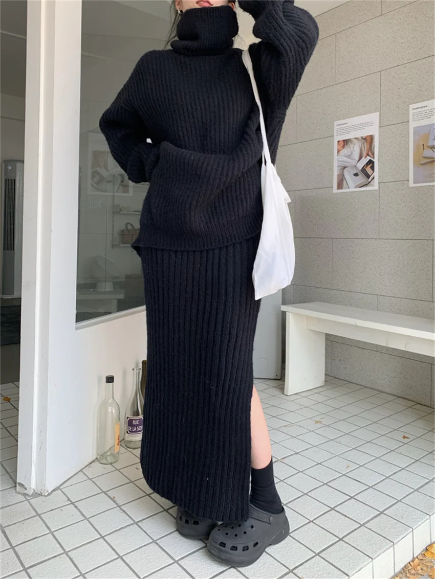 Alien Kitty Winter Knitwear Two Pieces Suits Turtleneck Warm Pullovers Sweaters Split Chic OL Slim Straight Long Skirts Sets