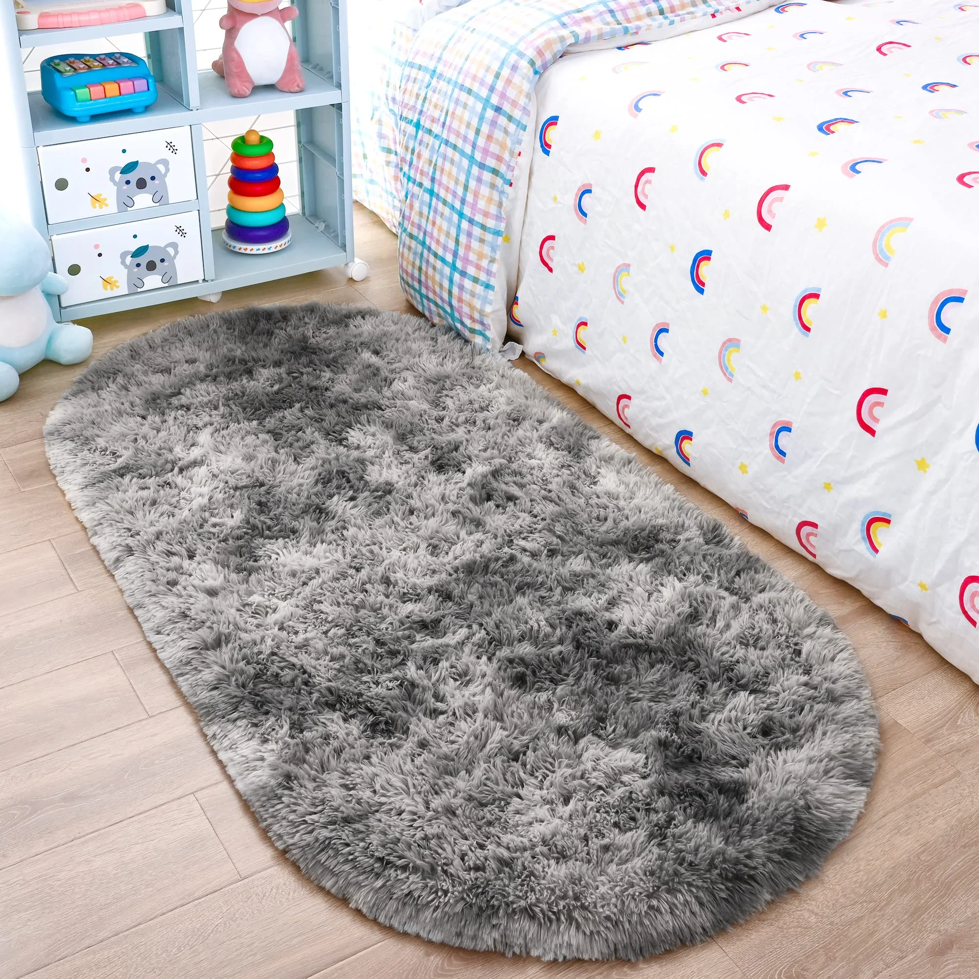 VIKAMA Tie-Dye Oval Shaggy Rug Bedside Children's Carpet for Bedroom Soft and Fluffy Living Room Dorm Mat Home Decor