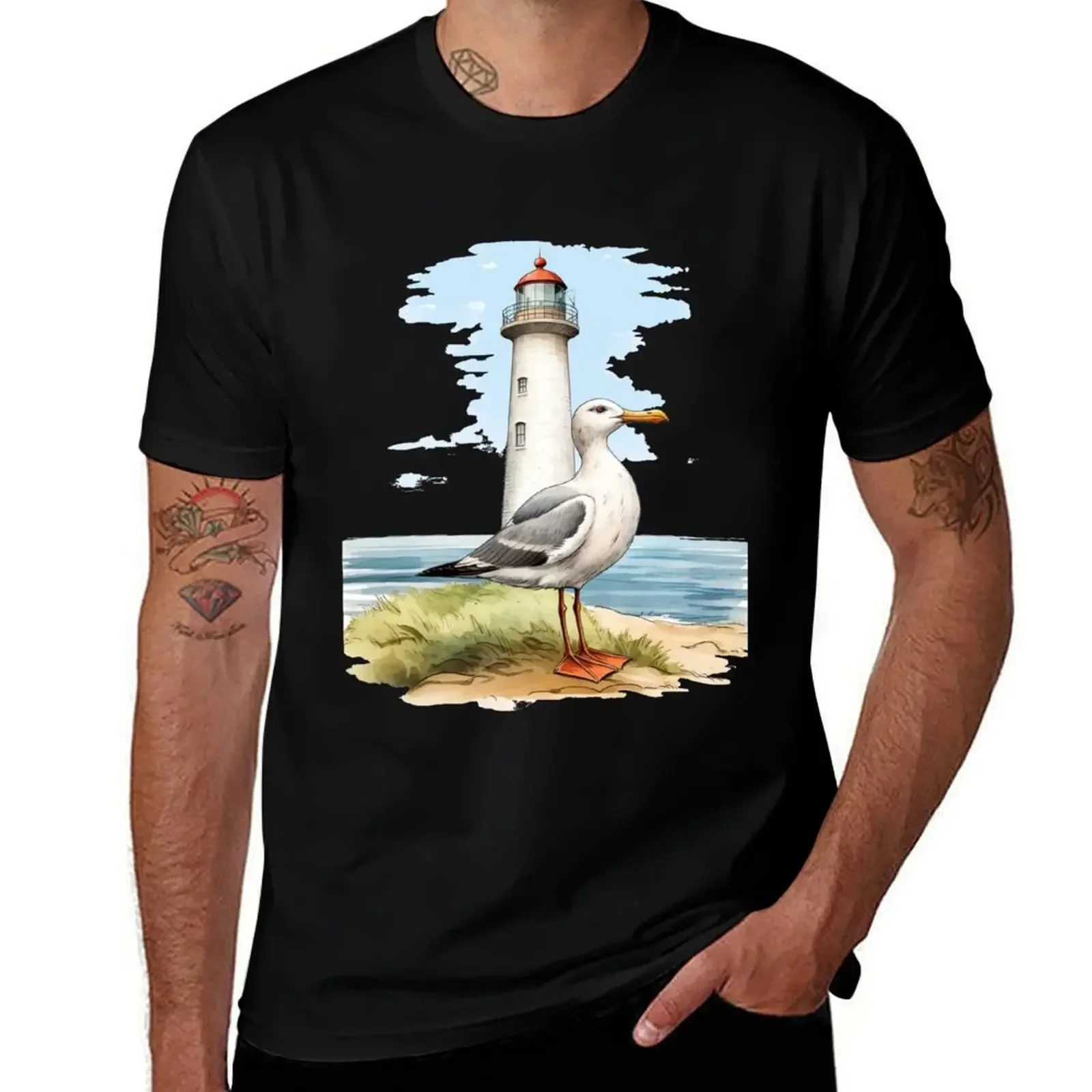 Lighthouse with a gull northsea T-Shirt cotton graphic tees summer clothes men t shirt