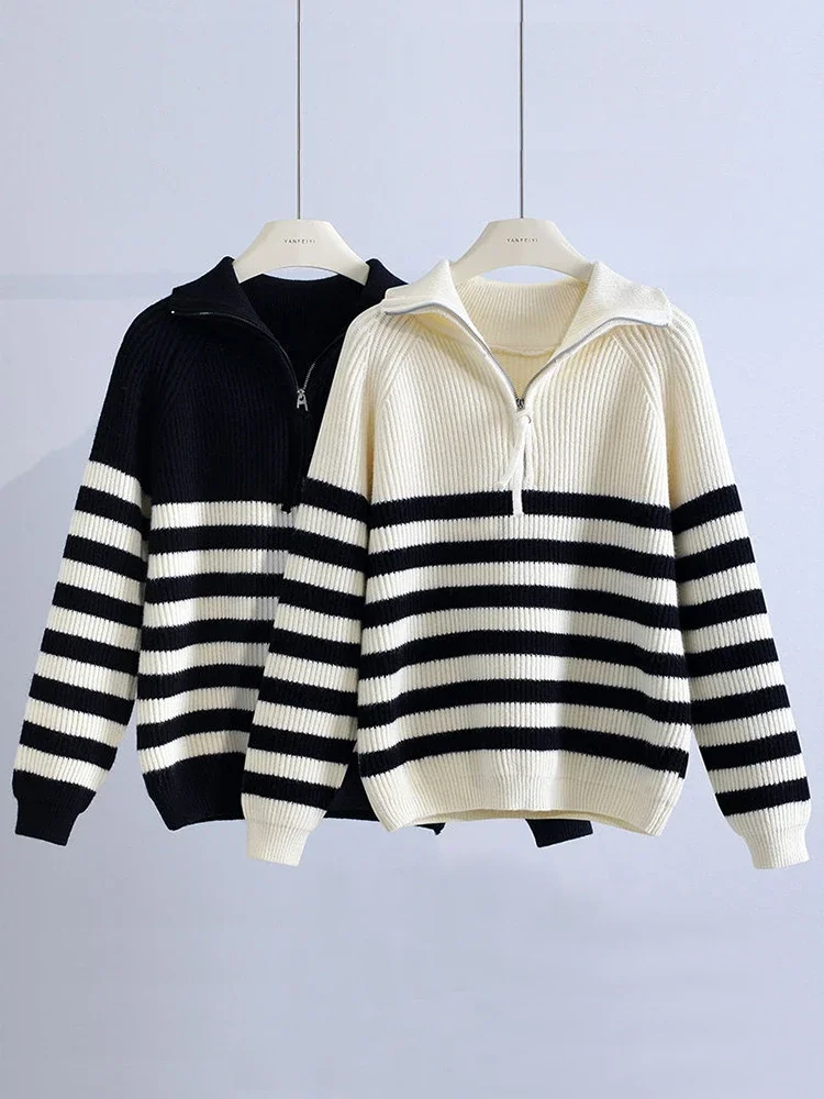 Korean Fashion Pullover Women Knit Zipper Sweater Woman Winter 2024 Loose Oversize Jumper Black White Stripe Women\'s Turtleneck