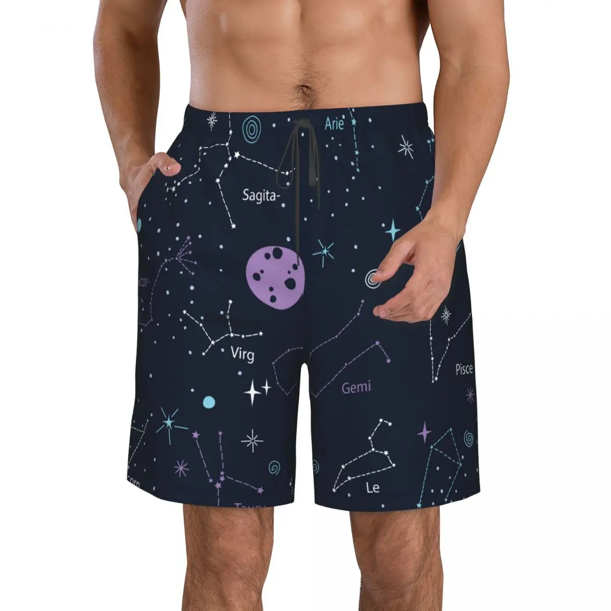 Shorts de natação desenhados à mão para homens, maiô Zodiac Quick Dry, roupa de banho, calção de banho