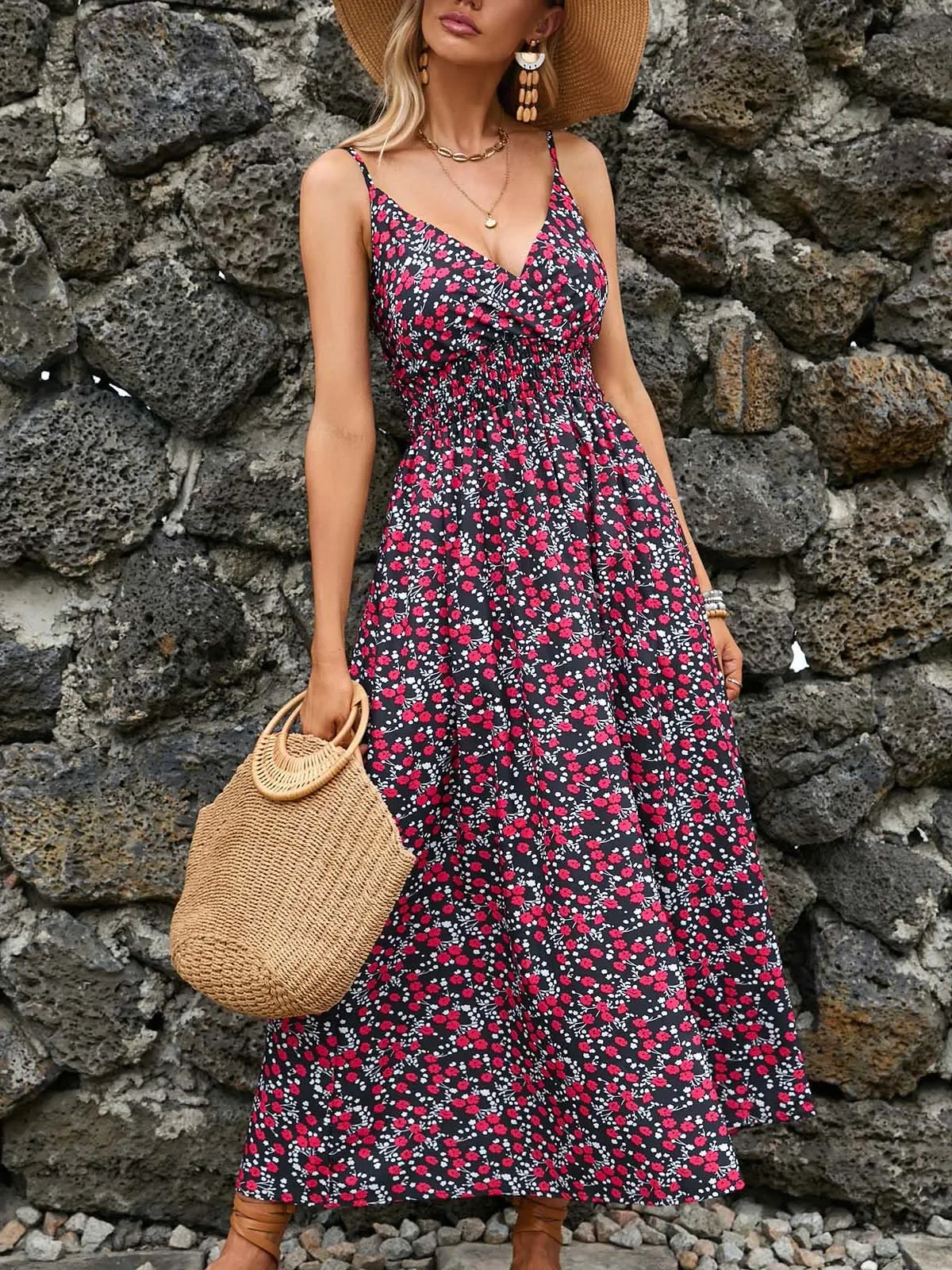 Bohemian Printed V-Neck Dresses Mid Length Floral Women Fashion Slim Slip Dress Streetwear Daily Sexy Lady Spring Summer