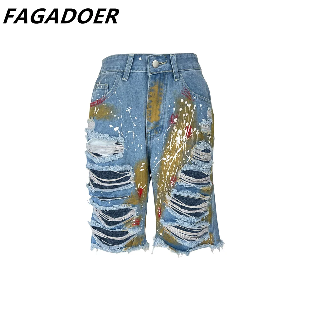 FAGADOER-Pantalon imprimé à trous pour femme, streetwear décontracté, taille haute, bouton, jean droit, été, style Harajuku