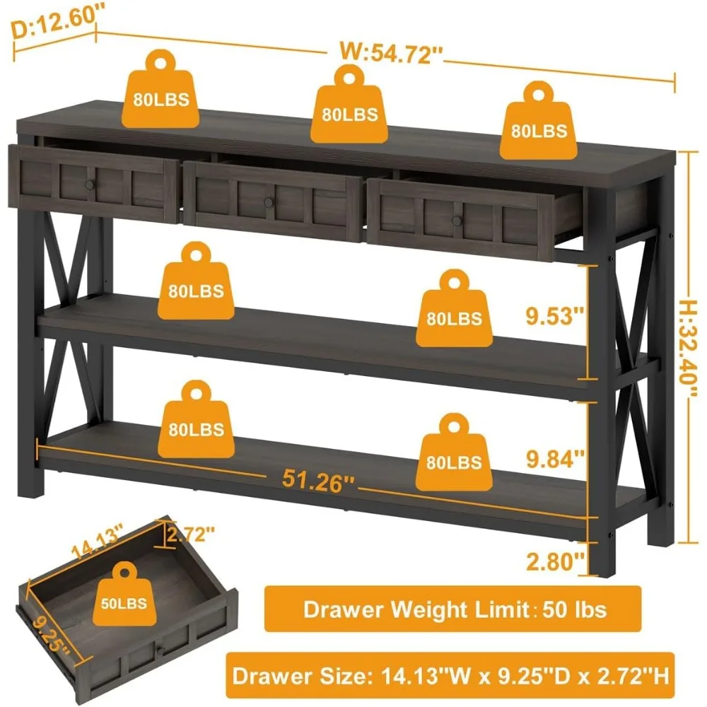 Industrial Console Table for Entryway, Rustic Sofa Table with 3 Drawers for Living Room, Farmhouse Hallway Table and Cou