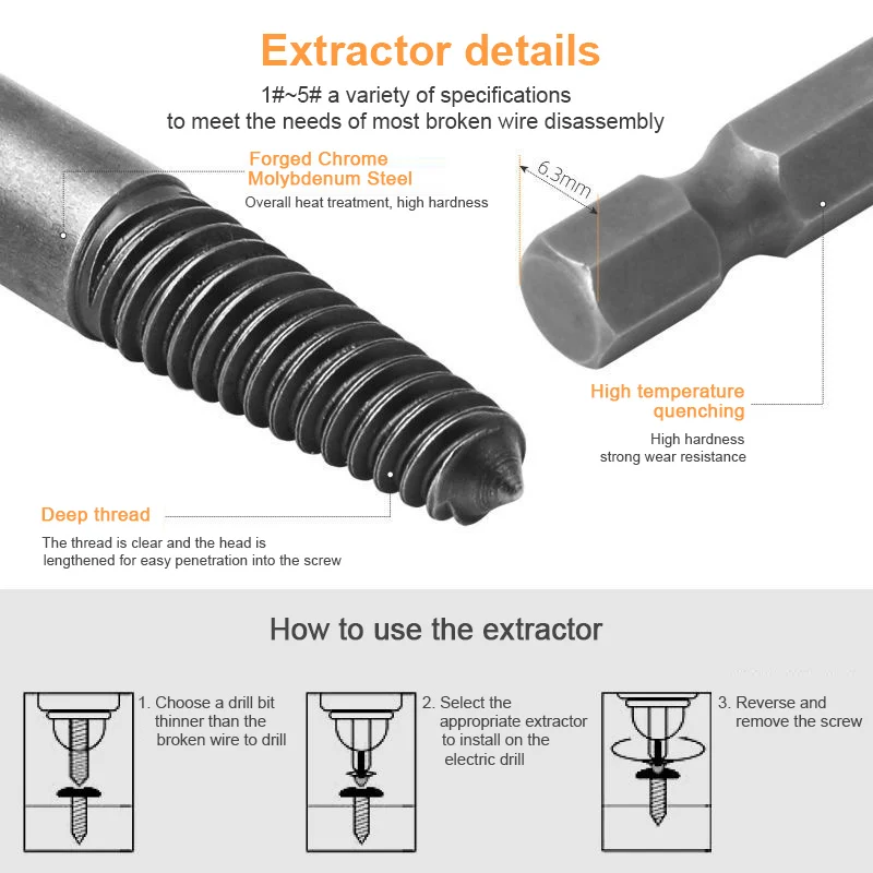 3/5/6pcs Hex Screw Extractors Tool Broken Damaged Screw Extractor Drill Bit Set Broken Bolt Remover Easy Out Set Power Tool