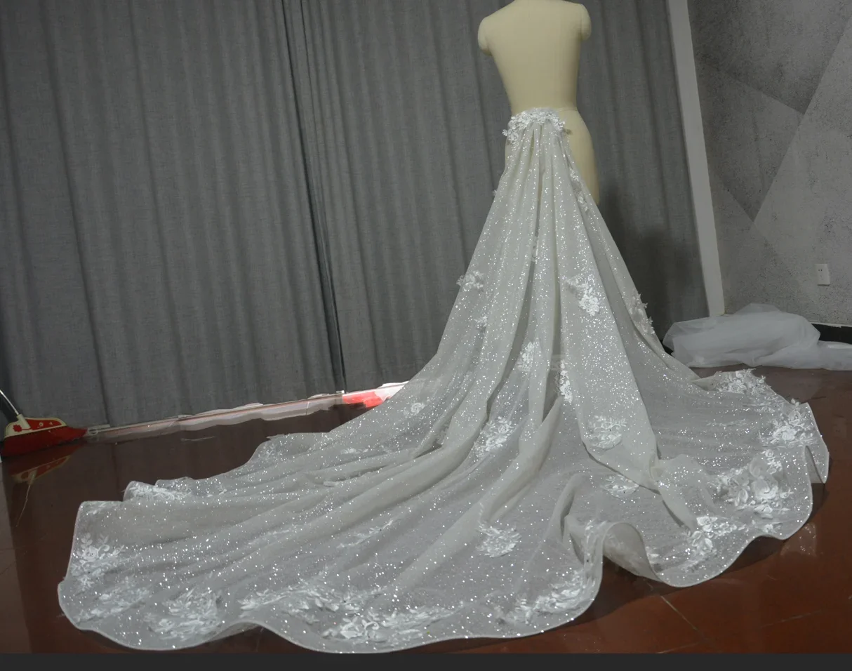 luxury Sparkling Tulle lace Decal Church Detachable Train Skirt for Wedding bridal accessories custom size