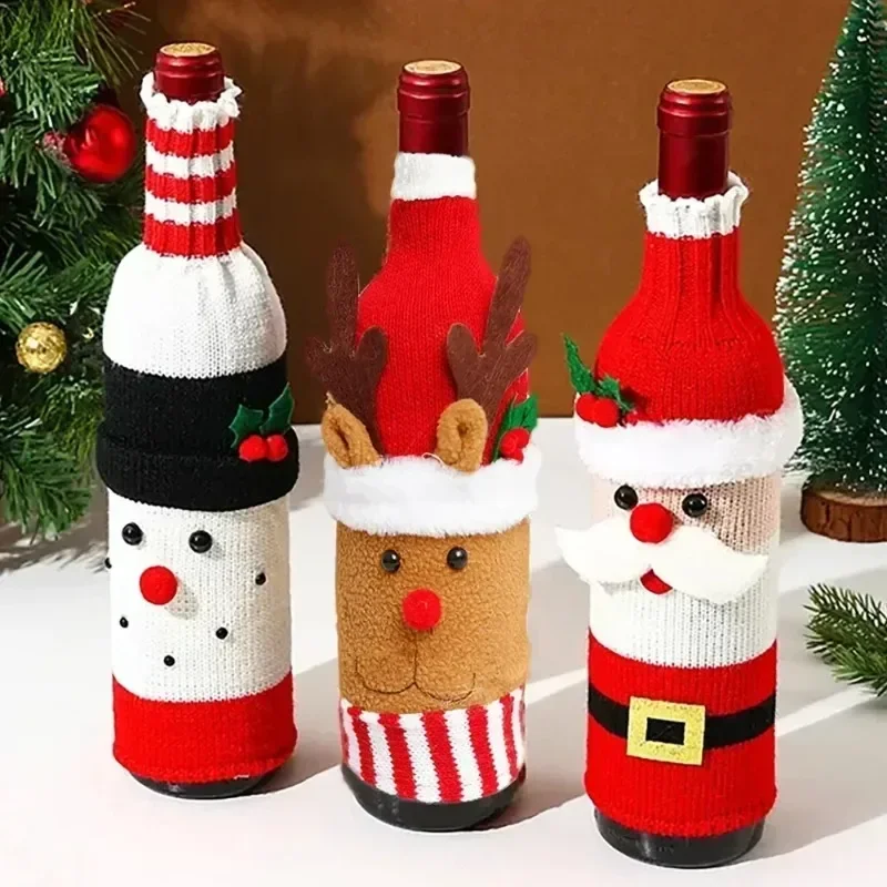 1PC Christmas Wine Bottle Cover Set Santa Snowman Woven Wine Bottle Bags For Christmas Party Table Decorations New Year Gifts