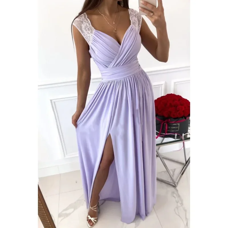 Women's Fashion V-neck Sleeveless Party Dress Solid Color Lace Backless Dress Tunic Split Casual Party Style Elegant Dress