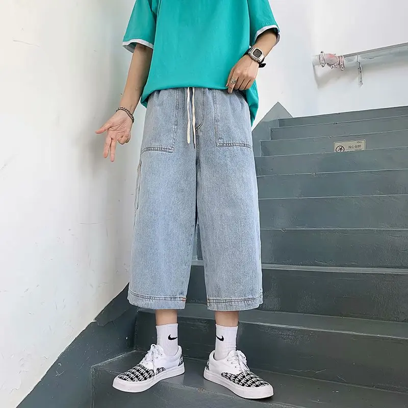 Jeans men 2024 summer thin fashion men's straight tube loose fitting men's cropped pants casual shorts