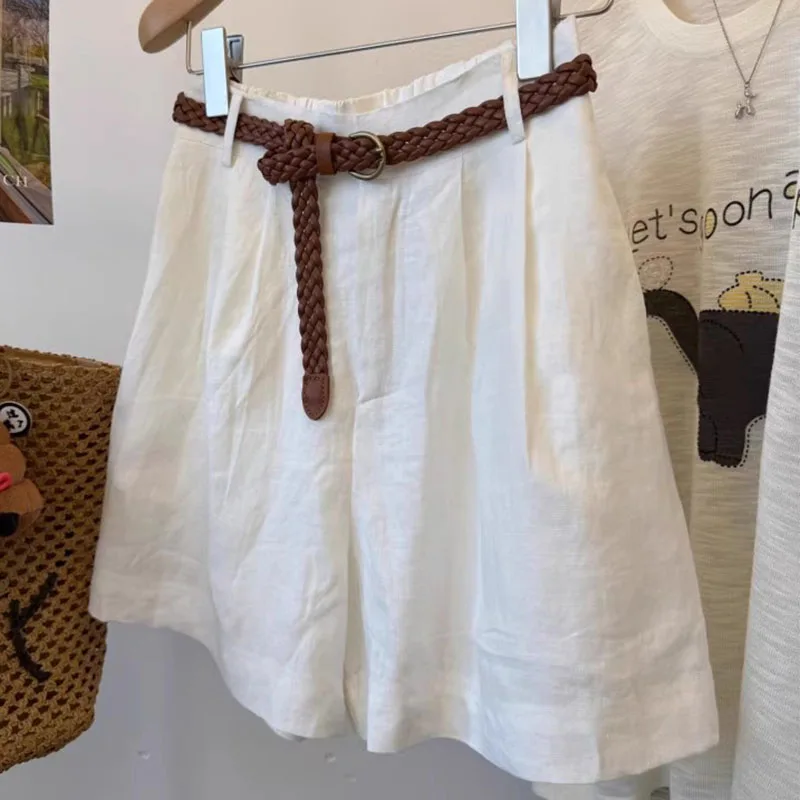 

Women Shorts Woven Waistband Decoration Buttons High Waist Straight Loose Fit Daily Leisure Vacation Versatile Wide Leg Shorts