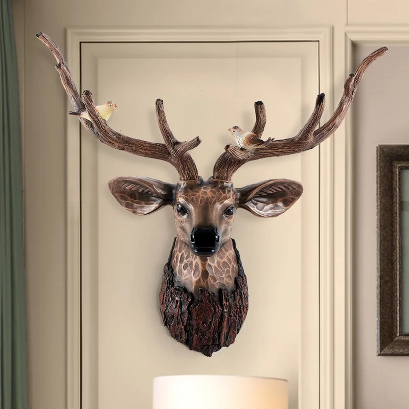 19.5“H 3D Deer Head Wall Decor Faux Wood Grain Resin Animal Sculpture European Style Wall Hanging for Home Living Room Decor