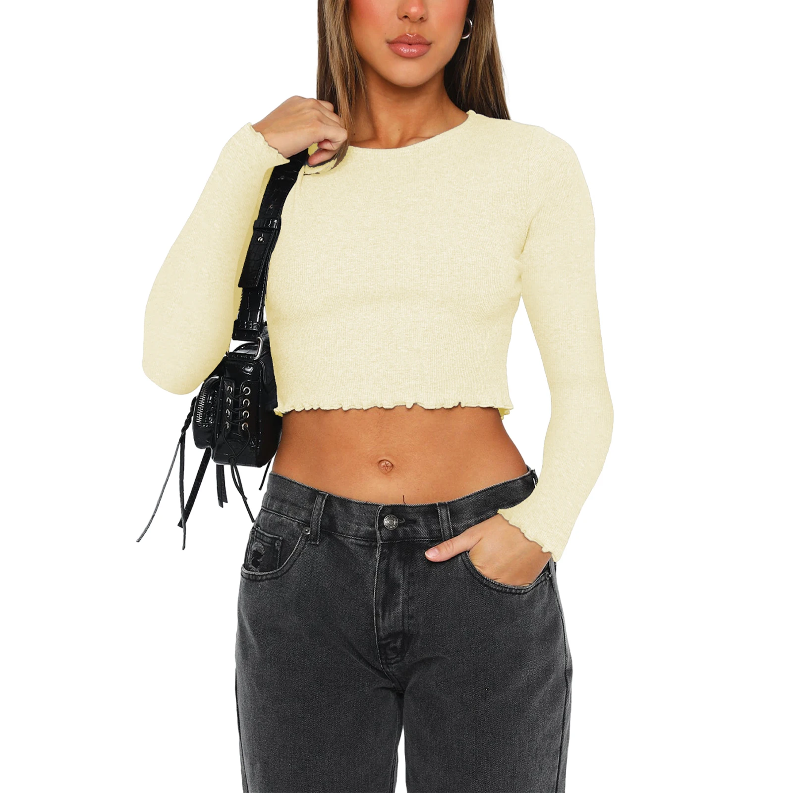 Ladies Stylish Long Sleeve Crop Tops in Vibrant Colors Round Neckline  Fit Perfect for Spring and Fall Trendy