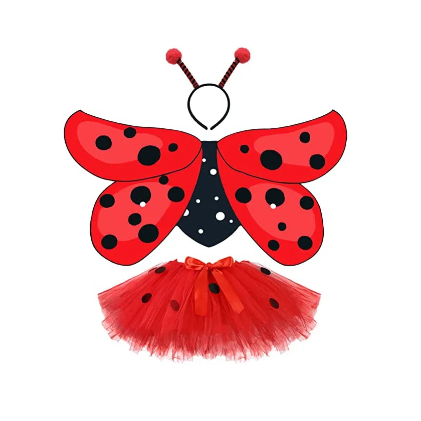 Lovely Butterfly Bees and Ladybug Costume Tutu SKirt Printing Fairy Wing and Headband for Kids Birthday Halloween Party Dress Up