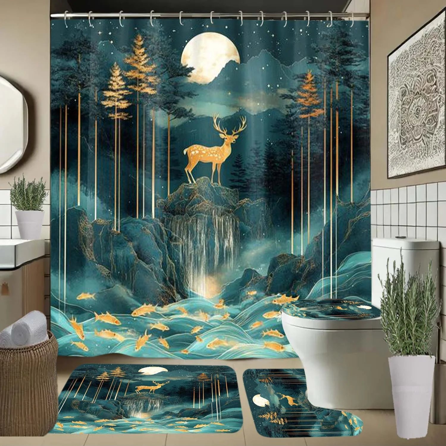 

4 шт., занавеска для душа с изображением оленя, водопада, луны и крючками, занавеска для перегородки в ванной комнате, аксессуары для ванной комнаты, всесезонная