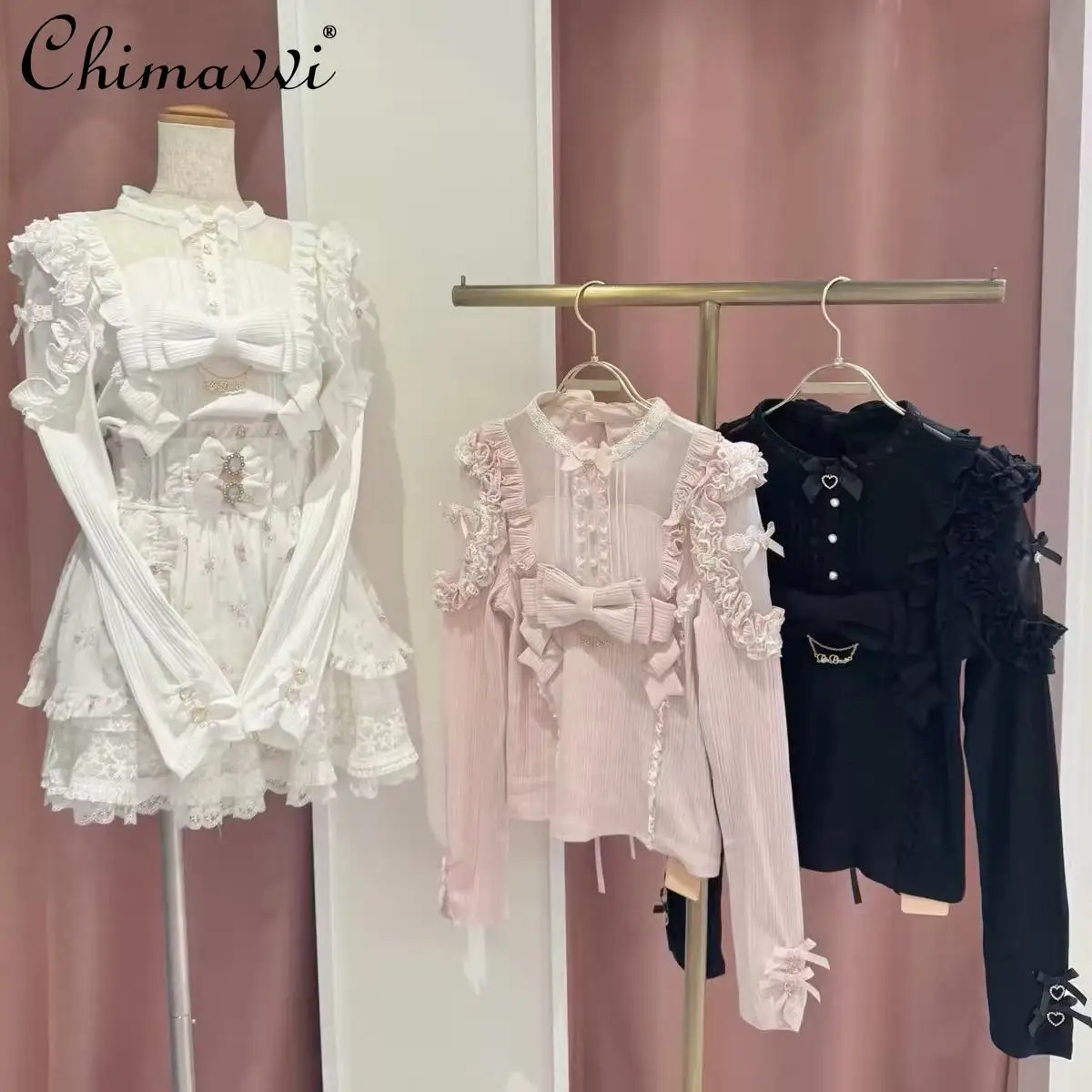 

Japanese Style Liz Sweet Ruffles Bows Off-shoulder Lace Tulle Long Sleeves Tops 2026 Spring Cute Girl Elegant Princess Shirt