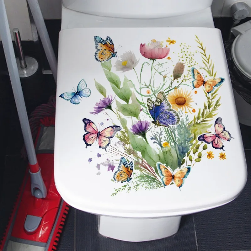 녹색 식물 잎 꽃 세계 나비 변기 스티커, 변기 뚜껑 스티커, 욕실 벽 스티커, 변기 커버 장식, DIY