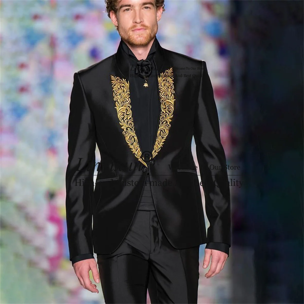 

Formal Black Men Suits With Appliques Stand Collar Groom Wedding Tuxedos 2 Pieces Sets Business Male Blazers Slim Costume Homme