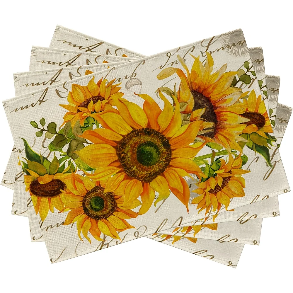 VIKAMA 4-teilige künstlerische Sonnenblumen-Tischsets, wasserdicht, für Café, Picknick, B&B, Tischdekoration, Zubehör, Party-Dekoration