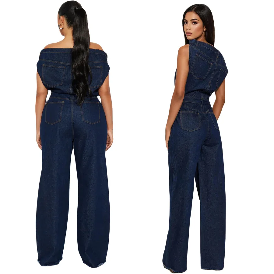 women Jumpsuit One Piece washed denim overalls full length straight jean strapless distressed vintage spliced spring pockets - view 6