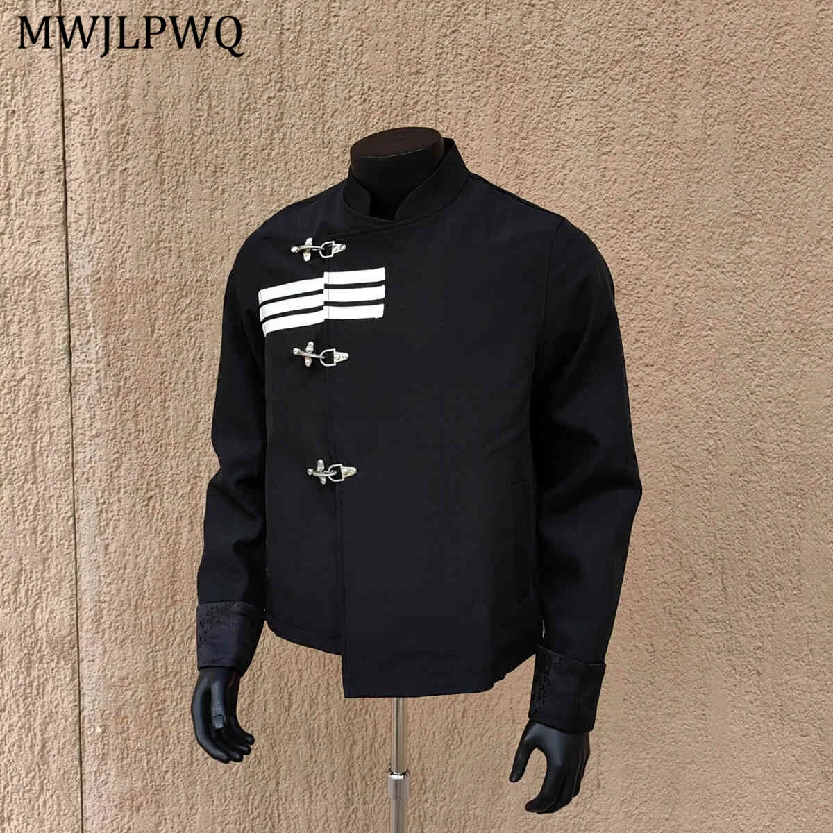 

MWJLPWQ Stripes Design Jacket Male New Chinese Style Stand Collar Niche Streetwear Loose Texture Metal Buckle Vintage Tops 11159