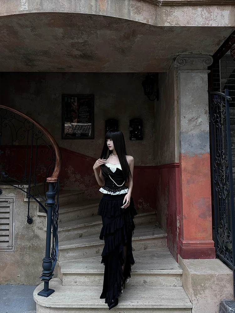 Bla Asymmetrical High Waist Long f Skirt Puffy Cake Sle Faion ow Collection Ele Ancient Trend Revival