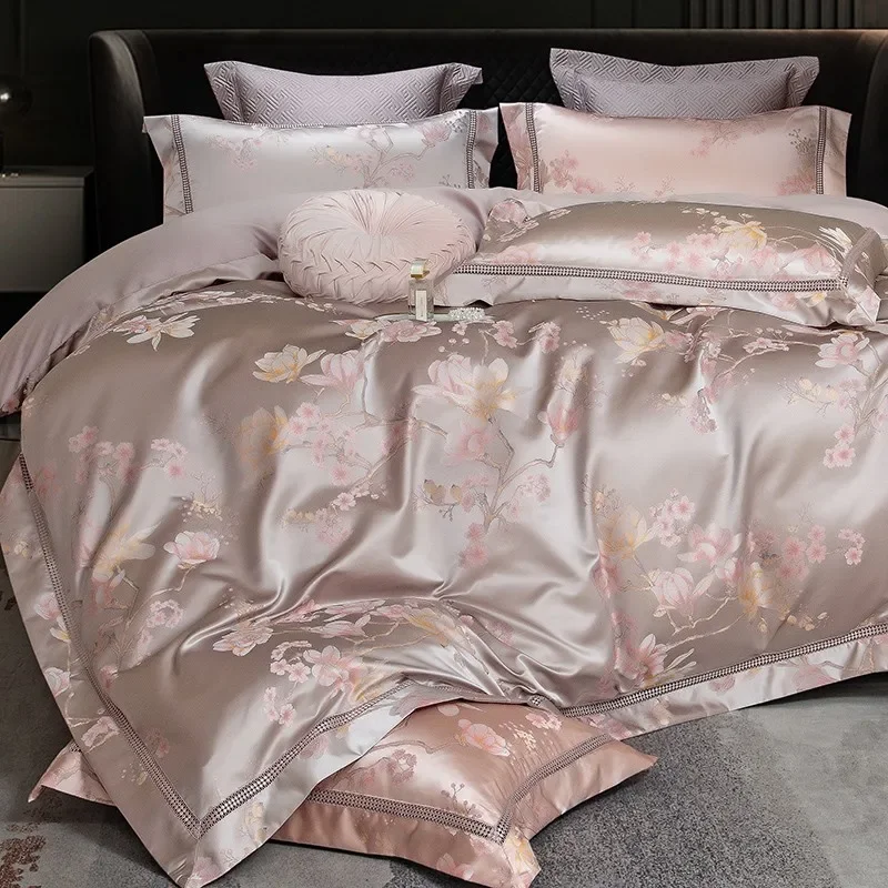 Queen King Floral Jacquard Silver Satin Duvet Cover 4/7Pcs Luxury Bedding set Comforter Cover Bed Sheet Bedspread Pillowcases