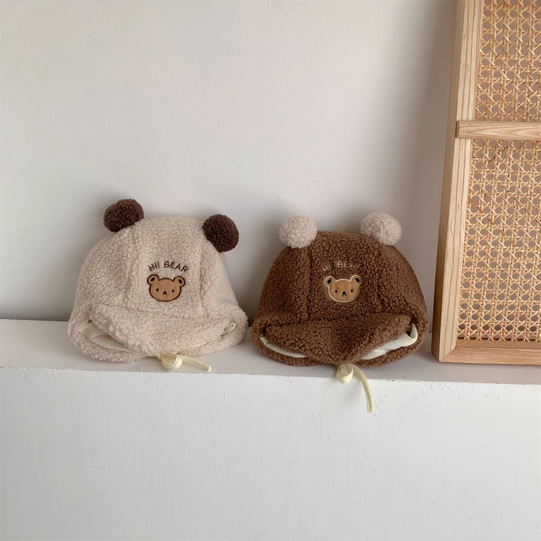 

2023 Plush Winter Baby Hat Cute Bear Beanies Ear Protection Bonnet Caps Newborn Accessories Baby Photography Props