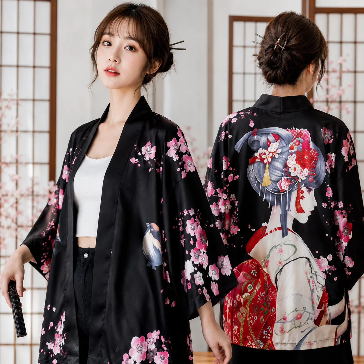 Japanese Style Kimono Cardigan Cherry Blossom Bird & Traditional Lady Print 3/4 Sleeve Haori Jacket Casual Daily Beach Outfits