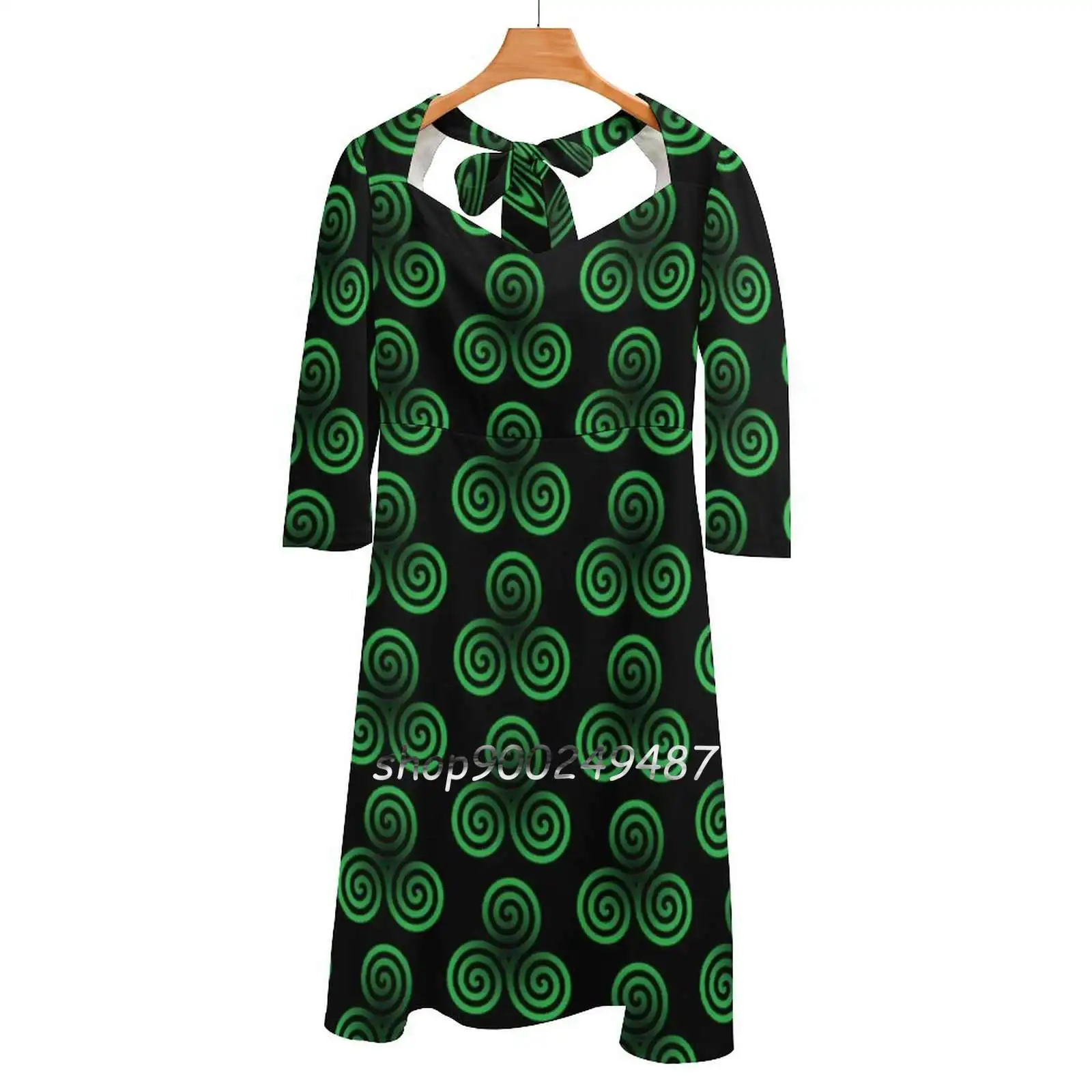 Green Triskele Square Neck Dress New Plus Size Elegant Women Waist Tight Dress Celt Ireland Irish Triskele Triskelion St