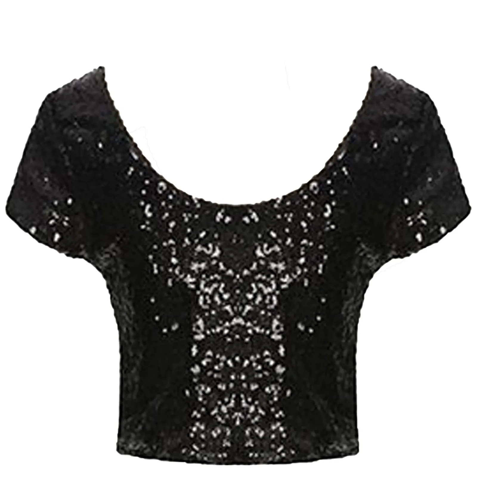 Fashion Shiny Sequins Crop Top Women Sexy O Neck Short Sleeve Slim T-Shirt Metallic Nightclub Streetwear Blouse Tee Prom Costume